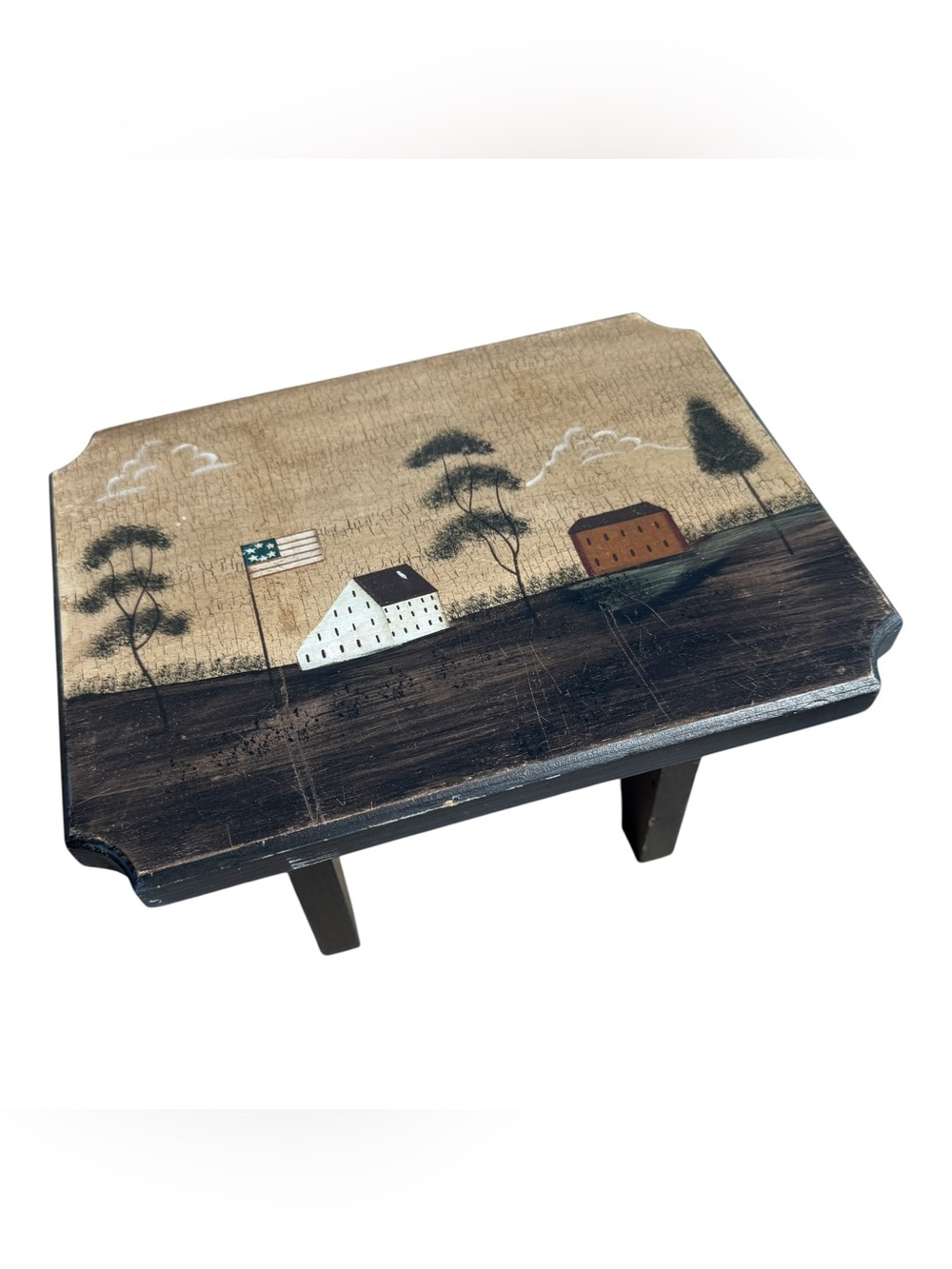 Vintage Hand Painted Primitive Americana Wood Footstool Folk Art Farmhouse Decor